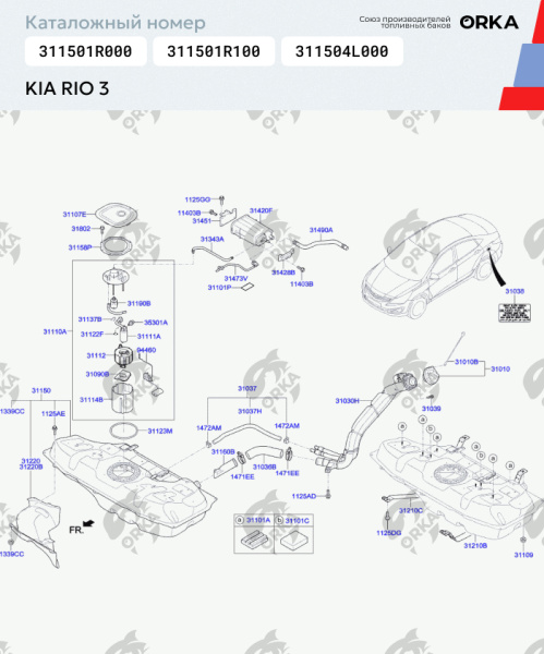Пластиковый топливный бак Kia Rio 3 (BP) - 43 л.