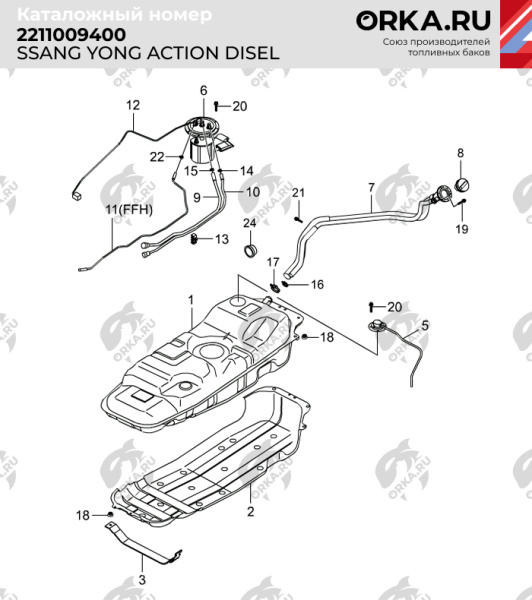 Пластиковый топливный бак SsangYong Actyon, 2005-2016 г.в. (дизель) (BP) - 75 л.